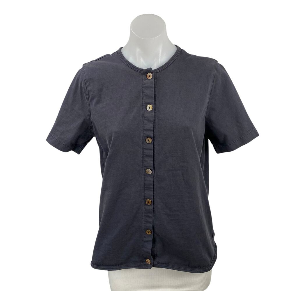 Fenini Sport Women's Black Short Sleeve Crew Neck Button Down Shirt Blouse Top S